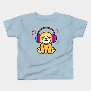 Happy smiling baby dog puppy with headphones. Kawaii cartoon Kids T-Shirt